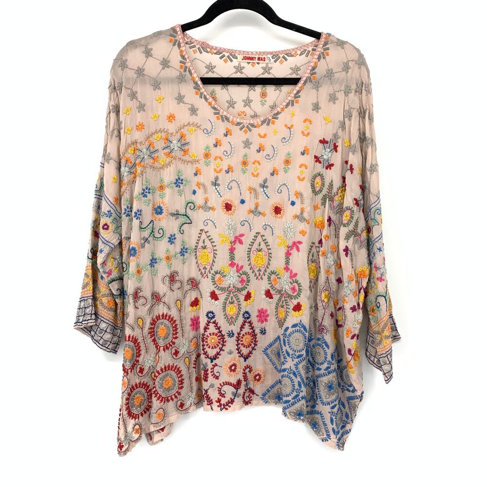 Johnny Was Zora Blouse Womens Large Embroidered Boxy Peasant Top Blush Multi